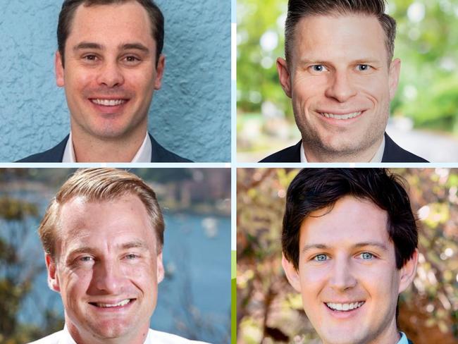 Men only: The Liberal candidates for northern beaches electorates at the March 25, 2023 election. Clockwise: Toby Williams (Wakehurst), Matt Cross (Davidson), Rory Amon (Pittwater) and James Griffin (Manly).