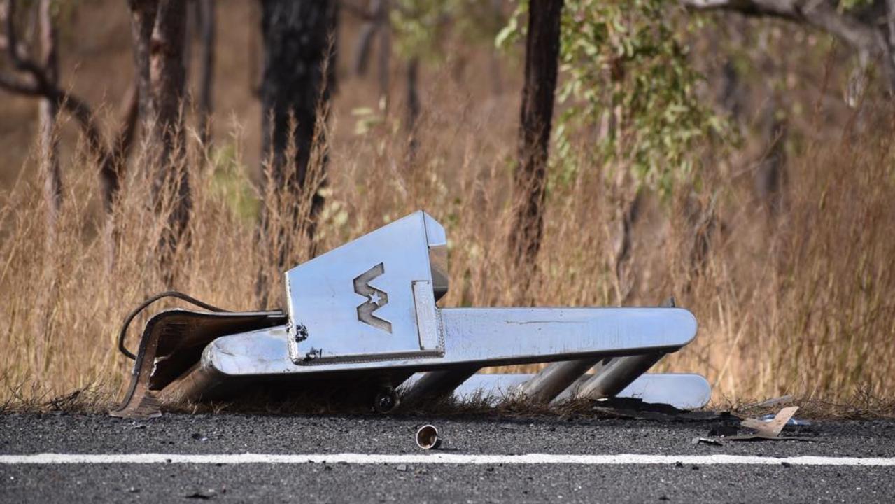 Debris from two vehicles damaged in a horror Peak Downs Highway smash near Nebo. Photo: Tara Miko