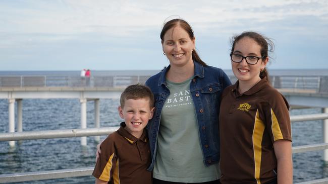 Eleni Pitkin, her daughter Emily, 12, son Connor, 9, checked out the new jetty on Wednesday. Picture: Josh Berkett, Whyalla City Council