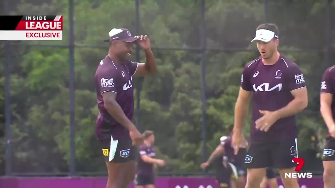 Ezra Mam rejoins Broncos teammates at training (7News)