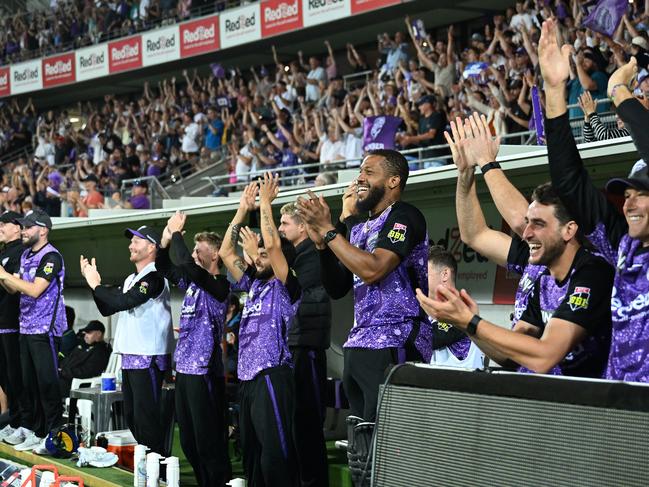 Hurricanes players and their fans celebrate Mitch Owen’s century in Monday’s BBL Final in Hobart. (Photo by Steve Bell/Getty Images)