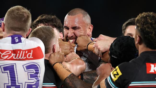 Nelson Asofa-Solomona threatened to let loose, after a scuffle broke out following a late hit on Nathan Cleary. Picture: Getty Images.