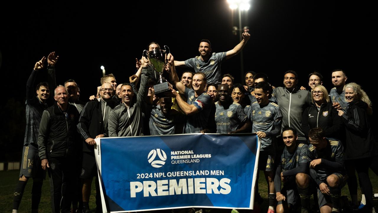 Gold Coast Knights players celebrate winning the NPL premiership.