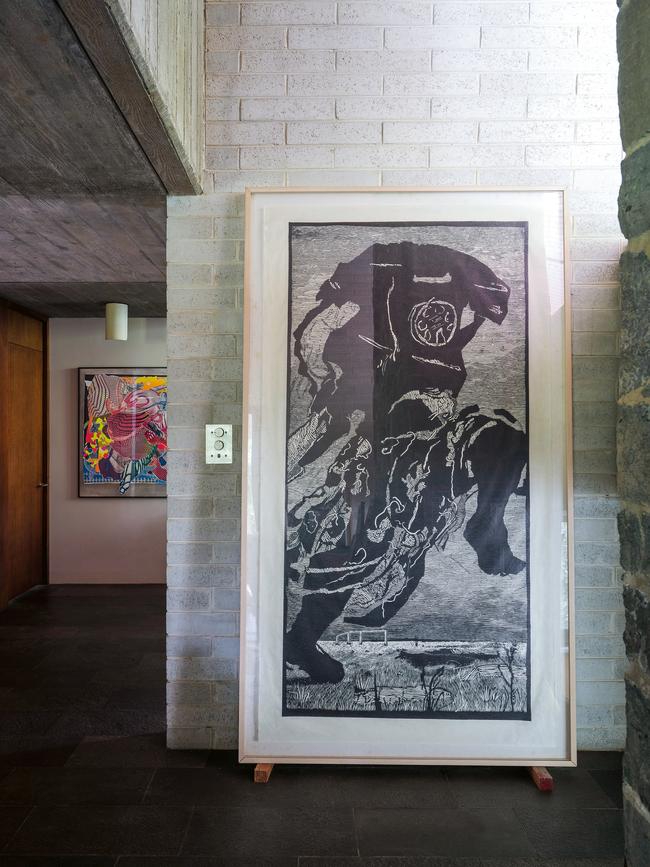 Framed linocut on rice paper by William Kentridge, <i>Telephone Lady</i> (2000), in the foreground, and Frank Stella’s <i>Feneralia</i> (1995), far left. Picture: Dave Wheeler