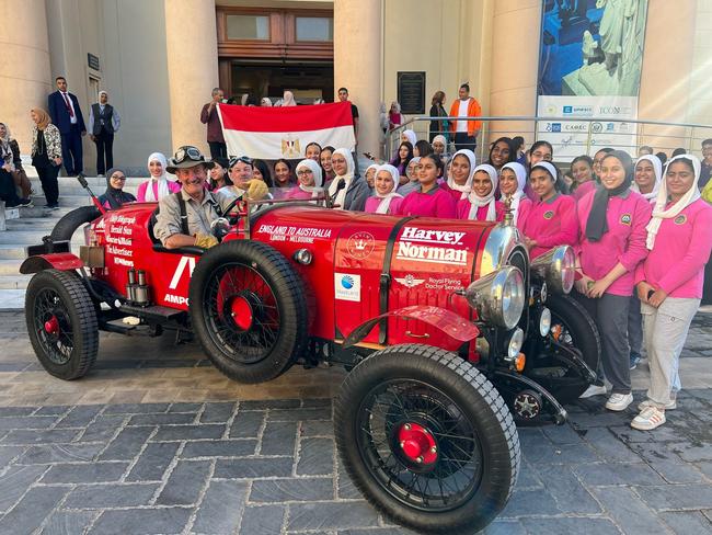 Birtles and Bean Round the world trip with Daily Telegraph Cartoonist, Warren Brown and Journalist, Matthew Benns.  Greeted by groups of school kids as guests of the Greco Roman Museum Alexandria . Picture: Supplied