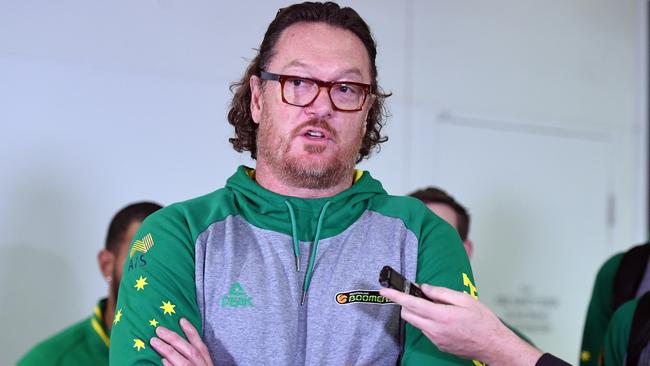 Luc Longley in his role as a member of the Boomers coaching team. AAP Image/Dan Peled.