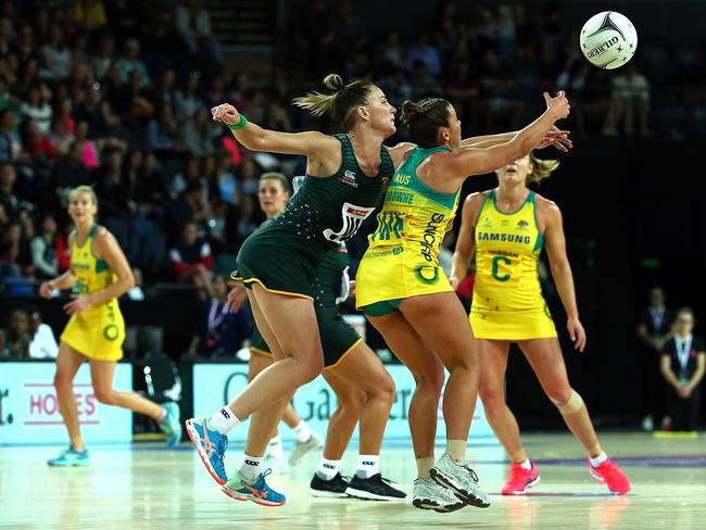 Australia’s Kelsey Browne is defended by Shadine Van der Merwe during the Quad Series Netball Test. Picture: Getty