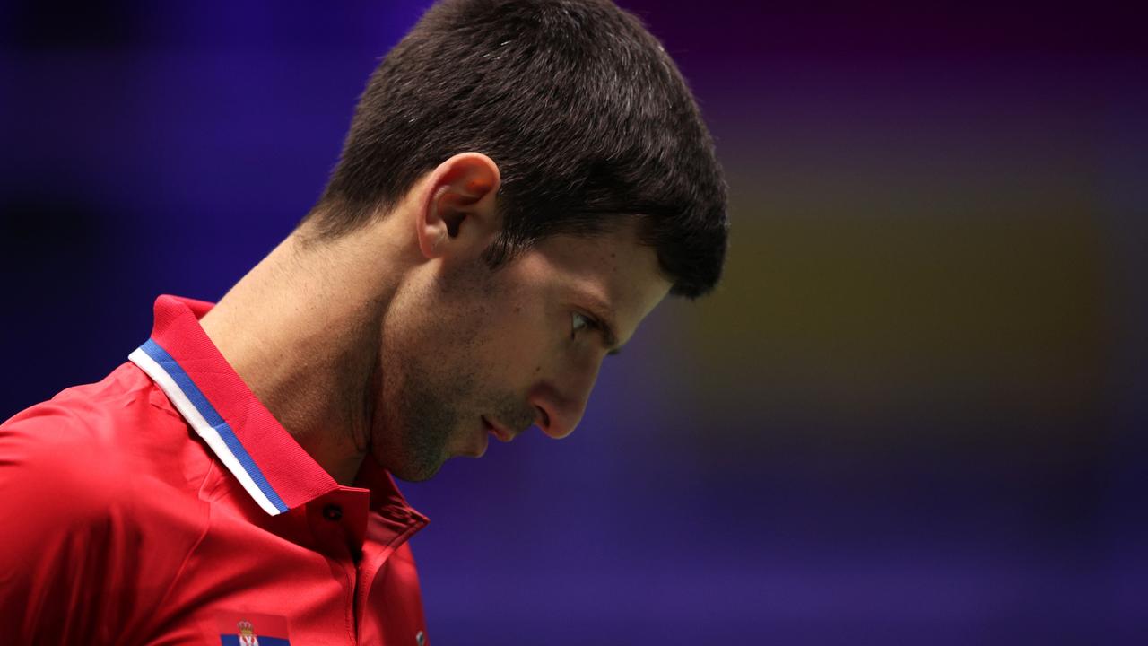 INNSBRUCK, AUSTRIA - NOVEMBER 27: Novak Djokovic of Serbia looks on during the Davis Cup match between Novak Djokovic of Serbia and Jan-Lennard Struff of Germany at OlympiaWorld on November 27, 2021 in Innsbruck, Austria. (Photo by Adam Pretty/Getty Images)