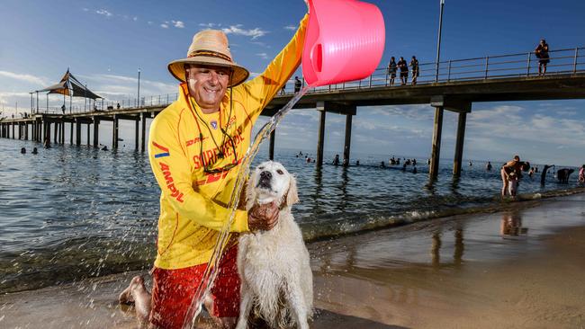 Brighton Surf Life Saving Club lifeguard John Cvetko keeps Clanga cool. Picture: Brenton Edwards