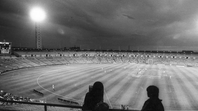 Spectators were scarce at this WSC night game at VFL Park in 1977.