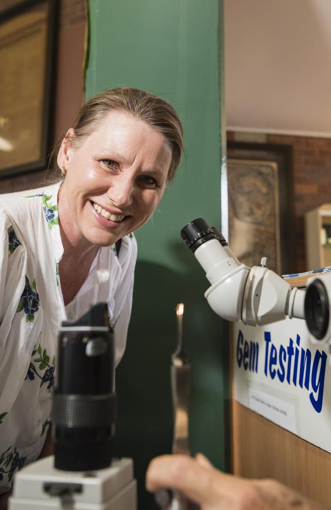 Wanita Judge has a stone she fossicked identified as a Zircon at Gemfest hosted by Toowoomba Lapidary Club at Centenary Heights State High School, Saturday, October 21, 2023. Picture: Kevin Farmer