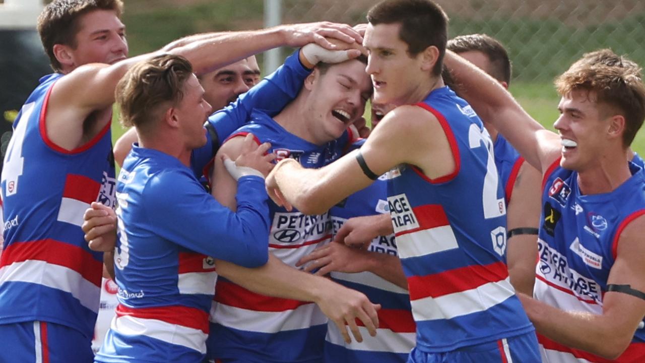 Bulldogs players react after scoring a goal during the Round 2 SANFL match between Central District and North Adelaide at X- Convenience Oval, Elizabeth in Adelaide, Friday, April 7, 2023. (SANFL Image/David Mariuz)