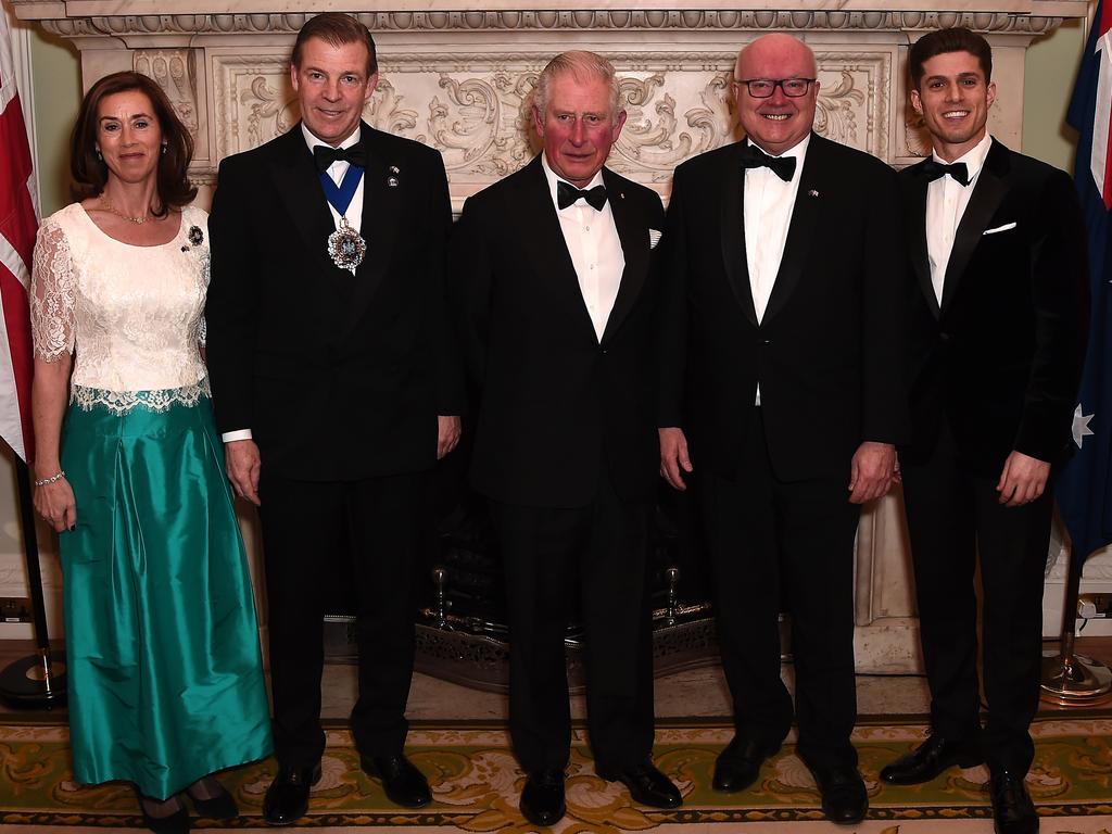 Prince Charles, Prince of Wales (C) poses with (L-R) Hilary Russell, the Lord Mayor of the City of London, William Russell, the High Commissioner for Australia, George Brandis and Phantom of the Opera’s Josh Piterman. Picture: Getty