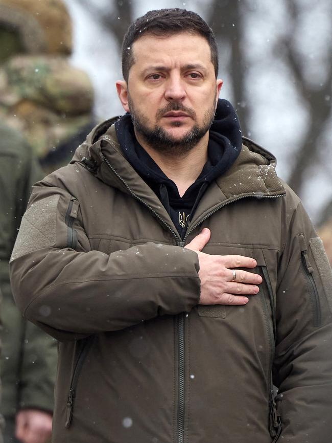 Ukrainian President Volodymyr Zelensky taking part in a ceremony in Kyiv, to commemorate the 105th anniversary of the Battle of Kruty against Bolshevik Red Army. Picture: AFP