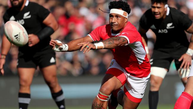 Sonatane Takulua in action against New Zealand. Tonga will need to produce something special to get out of the group stage. Picture: Michael Bradley/AFP