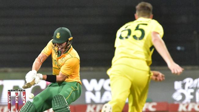 DURBAN, SOUTH AFRICA - SEPTEMBER 01:   Tristan Stubbs of Australia is bowled out during the 2nd KFC T20 International match between South Africa and Australia at Hollywoodbets Kingsmead Stadium on September 01, 2023 in Durban, South Africa (Photo by Sydney Seshibedi/Gallo Images/Getty Images)