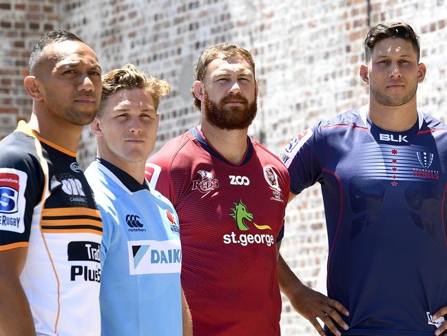 BRISBANE, AUSTRALIA - FEBRUARY 11:  (L-R) Christian Lealiifano of the Brumbies, Michael Hooper of the Waratahs, Scott Higginbotham of the Reds and Adam Coleman of the Rebels pose for a photo during the 2018 Super Rugby Season Launch at Brisbane Powerhouse on February 11, 2018 in Brisbane, Australia. (Photo by Bradley Kanaris/Getty Images)