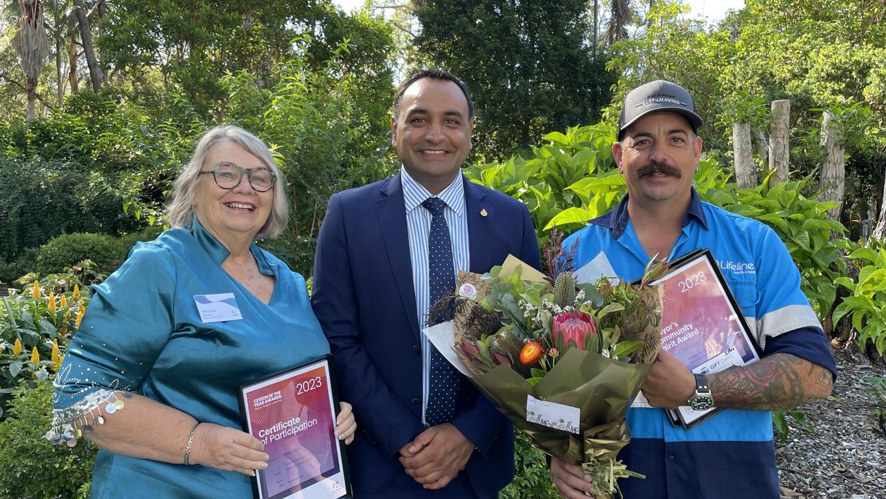 Certificate of Participation award winner Cheryl Post with Gurmesh Singh and Community Spirit award winner and lifeline ambassador Ian "Eno" Taylor at the Australia Day ceremony at the North Coast Regional Botanic Garden in Coffs Harbour. Picture: Matt Gazy