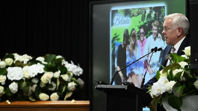 Police Commissioner Grant Stevens speaks during the funeral for Belinda Price at Morphettville Race course. Picture Mark Brake