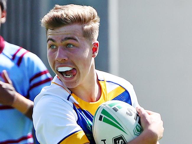 NRL Schoolboy Cup - Patrician Bros v St Gregs at South Windsor. Patrician Bros Ethan Sanders scores a try in the Patrician Bro's 52-22 win. Picture: Toby Zerna