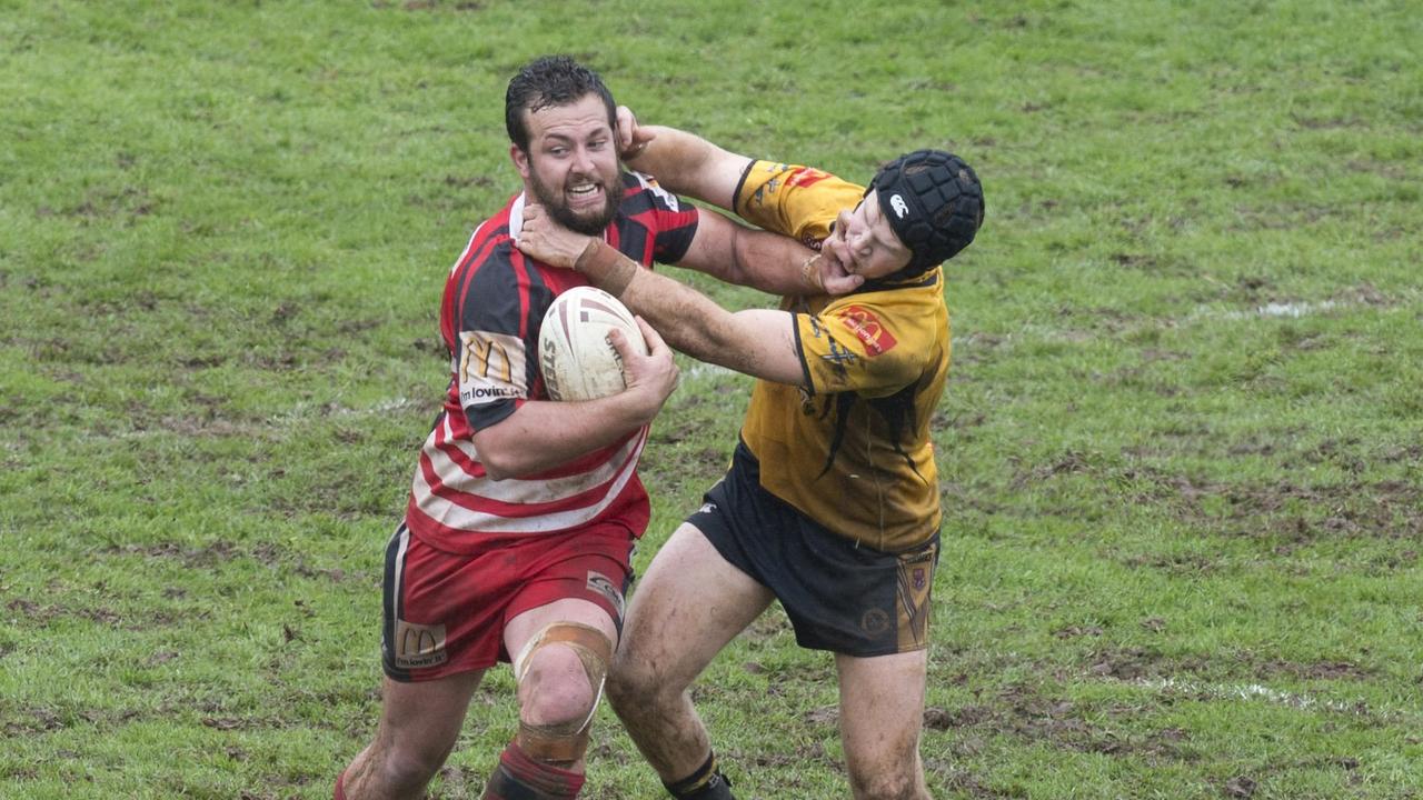 Blake Edwards Valleys and Aiden Schmidt, Gatton. TRL Reserve grade Grand Final Gatton vs Valleys. Saturday Sep 17, 2016.