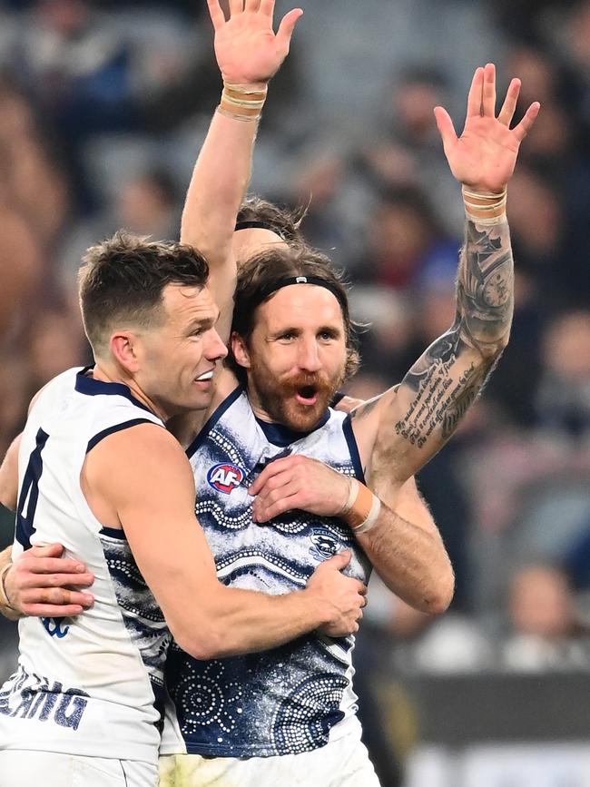 Zach Tuohy is congratulated after kicking a goal. Picture: Getty Images