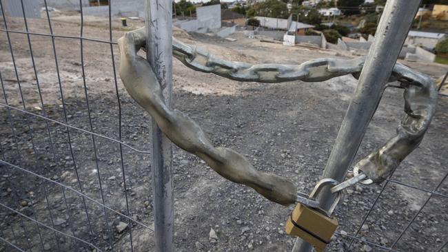 The locked gate at the development at Nagle Place, Glenorchy. Picture: Chris Kidd