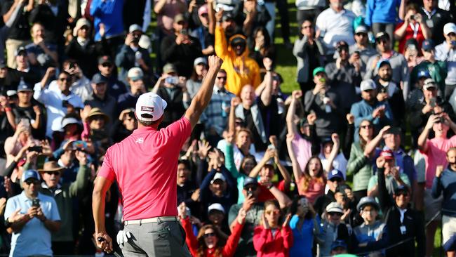 Adam Scott celebrates his victory at the Genesis Invitational. Picture: AFP