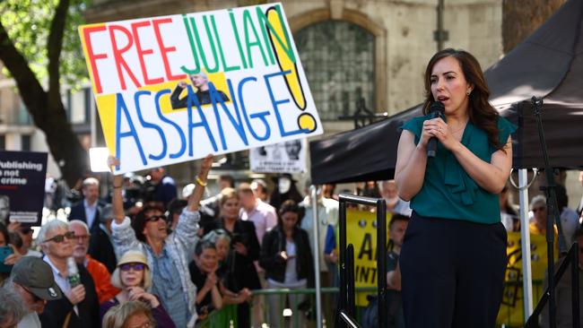 Stella Assange, wife of Julian Assange, speaks outside court after the ruling to grant permission for his right to appeal in London in May. Picture: Getty Images