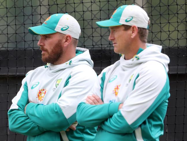 ADELAIDE, AUSTRALIA - NOVEMBER 03: Aaron Finch with George Bailey watch training during the Australian T20 World Cup Squad training session at Adelaide Oval on November 03, 2022 in Adelaide, Australia. (Photo by Sarah Reed/Getty Images)