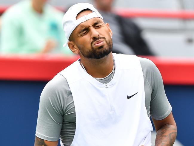 MONTREAL, QUEBEC - AUGUST 12: Nick Kyrgios of Australia reacts after losing a point against Hubert Hurkacz of Poland during Day 7 of the National Bank Open at Stade IGA on August 12, 2022 in Montreal, Canada.   Minas Panagiotakis/Getty Images/AFP == FOR NEWSPAPERS, INTERNET, TELCOS & TELEVISION USE ONLY ==