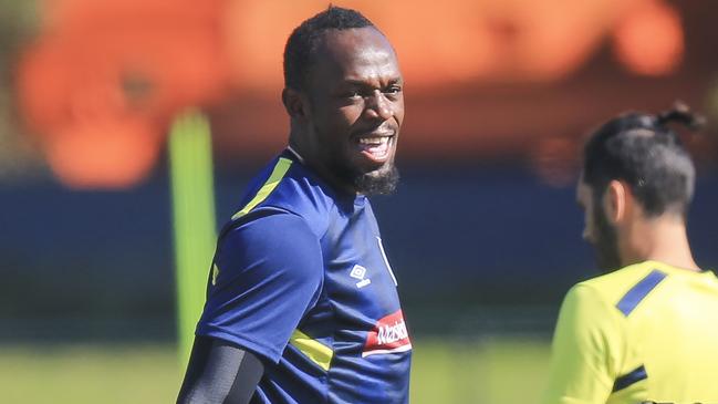 Usain Bolt during a Central Coast Mariners training session at Pluim Park in Lisarow on Wednesday morning. Picture: Dylan Robinson