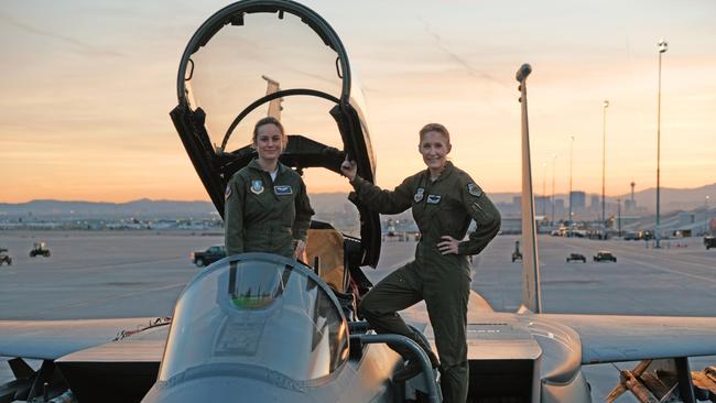 Brie Larson (left) gets hands-on help from Brigadier General Jeannie Leavitt, 57th Wing Commander (right) on a recent trip to Nellis Air Force Base in Nevada to research her character. Picture: Brad Baruh/©Marvel Studios 2019