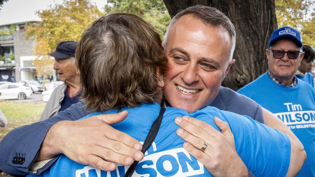 Liberal candidate Tim Wilson celebrates after defeating Independent Zoe Daniel in the seat of Goldstein. Picture: Jake Nowakowski