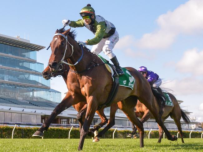 Incentivise ridden by Brett Prebble wins the TAB Turnbull Stakes at Flemington Racecourse on October 02, 2021 in Flemington, Australia. (Reg Ryan/Racing Photos via Getty Images)