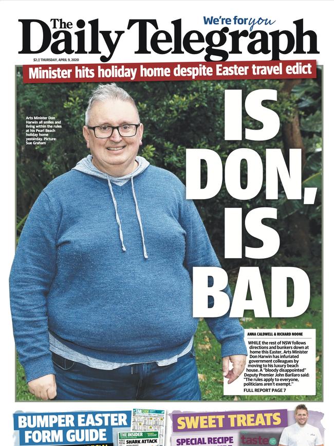 Daily Telegraph front page from April 9, 2020, featuring Arts Minister Don Harwin.