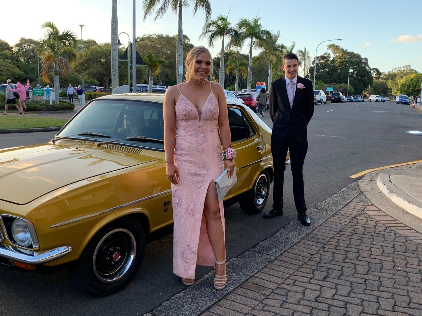 Abbi Hebblewhite and Harrison Dean were all smiles as they arrived at the Fraser Coast Anglican College formal.