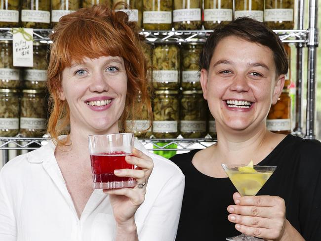 (Story- All About Women - pickles and gin photo shoot).  Alex Elliott-Howery (pickles) and Harriet Leigh (gin) at Cornersmith Picklery, Marrickville, today.Picture: Justin Lloyd.