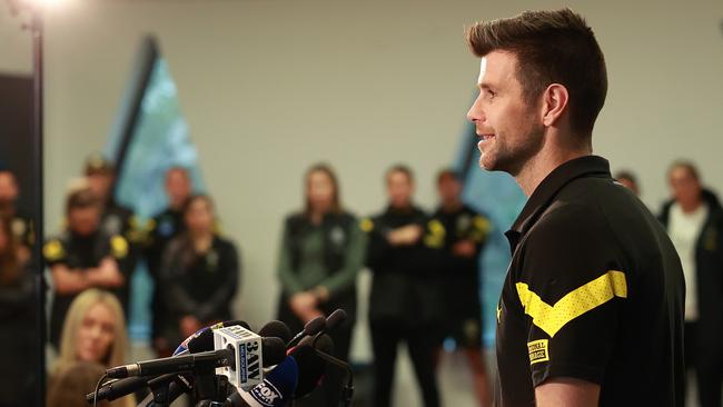 Trent Cotchin speaks to the media after announcing his retirement on Thursday. Picture: Kelly Defina/Getty Images