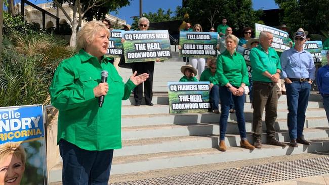 Michelle Landry speaking at the Build the Rookwood Weir Rally last year.