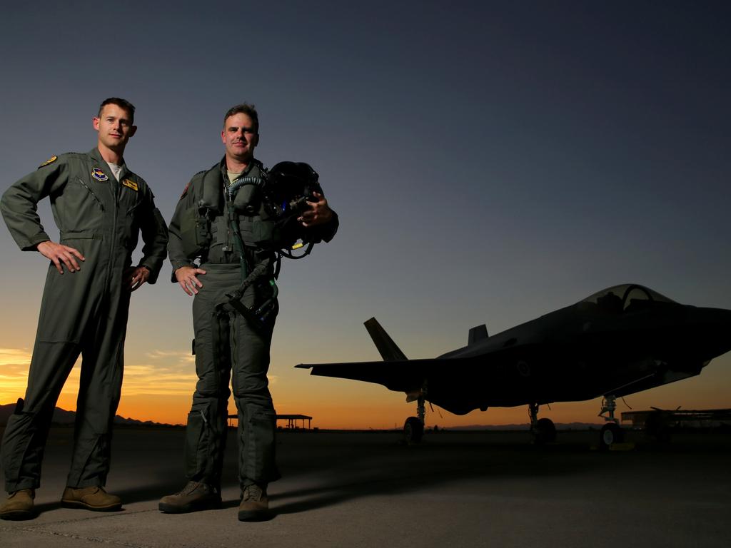 Australian Pilots training in the F35 fighter Jets Luke Airforce Base in Phoenix Arizona. Squadron leader Wing Commander Darren Clare (R) and Flight Lieutenant “Damo”. Picture: Nathan Edwards