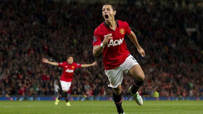 Manchester United's Javier Hernandez celebrates after scoring the game's only goal