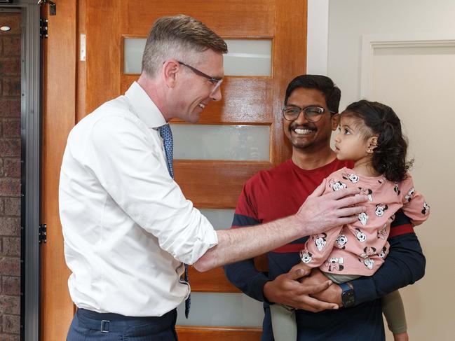 Mr Perrottet meets first-home buyer Arvind Ramakkrishnan and his daughter Samirddhi at their home in the Sydney suburb of Quakers Hill. Picture: NCA NewsWire / David Swift