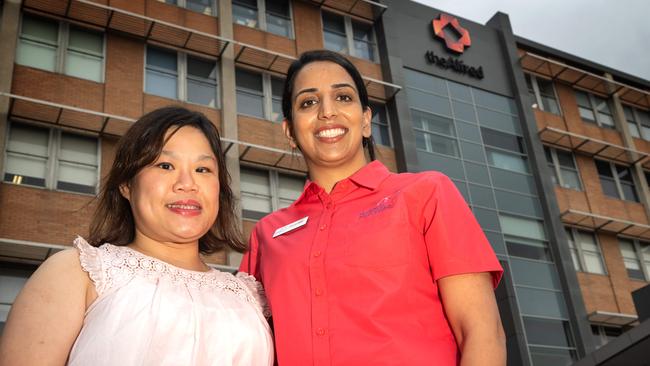 Metastatic McGrath Breast Care Nurse Gurpreet Grewal and her patient Grace Lee outside The Alfred Hospital. Picture: Tony Gough