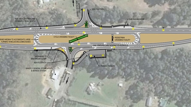 Diagram of proposed intersection upgrade of Huon Highway and Sandfly Rd.