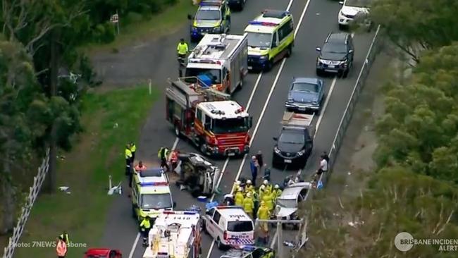 The Scene of the car crash on Mt Cotton Rd in Sheldon. Picture: Brisbane Incident Alerts/Channel 7