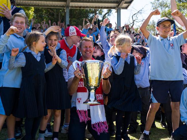 Former Sydney Swan Ryan O'Keefe on hand to welcome the AFL Premiership Cup to Sydney, surprising eager students at Shire Christian School. Picture: Jono Laird/AFL