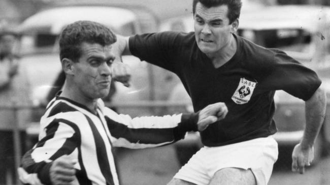 Soccer — Burnside Budapest A. Zsuppan hooks the ball past Adelaide Juventus defender Nilo Rusalen at Hindmarsh Stadium in 1962.