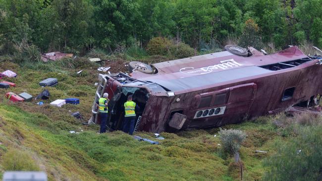 Police believe a crime scene with “multiple fatalities” was only avoided because most of those on the bus were wearing seat belts. Picture: Brendan Beckett