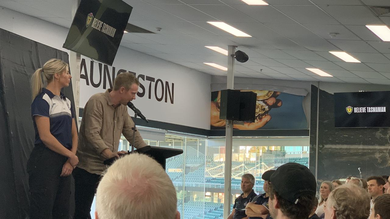 Jack Riewoldt and Abbey Green unveil the colours in Tasmania.